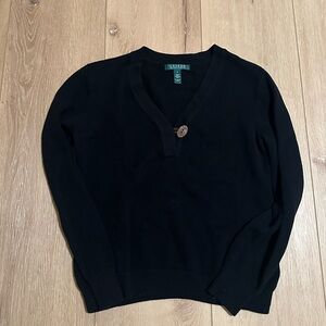 Ralph Lauren Black V-Neck Sweater with Button Detail